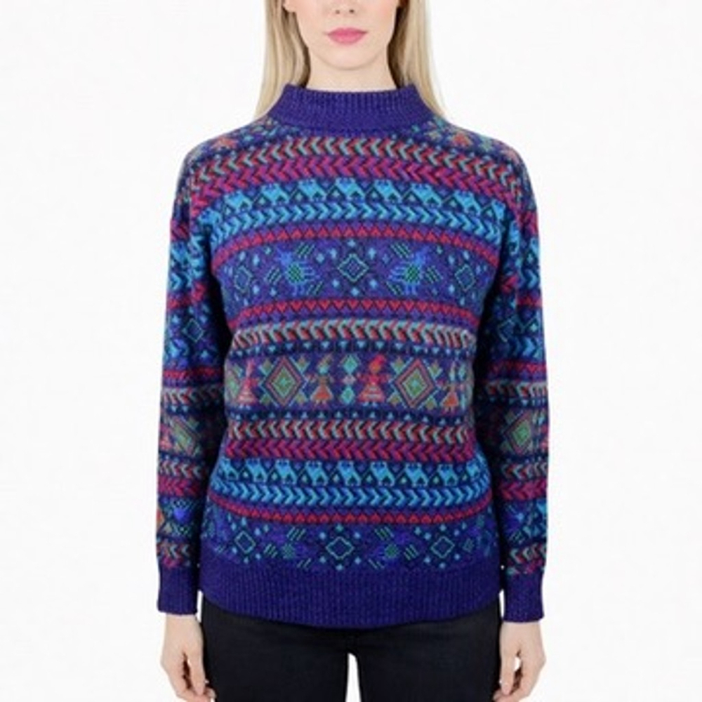 Vintage Meister Sweater Bright Blue Purple Fair Isle Striped 80s Unisex Size M